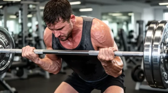 Homme concentré soulevant une barre chargée dans une salle de sport moderne
