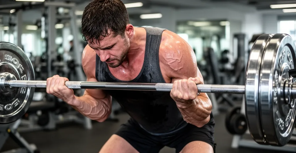 Homme concentré soulevant une barre chargée dans une salle de sport moderne