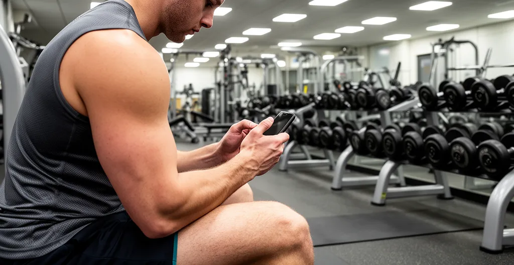 Pratiquant consultant son téléphone assis sur un banc de musculation